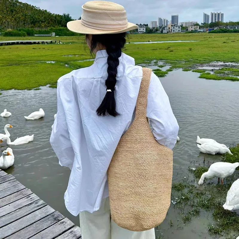 Casual Raffia Women Shoulder Bags Large Capacity Straw Tote Bag Handmade Weave Summer Beach Bag Big Shopper Purses for Vacation