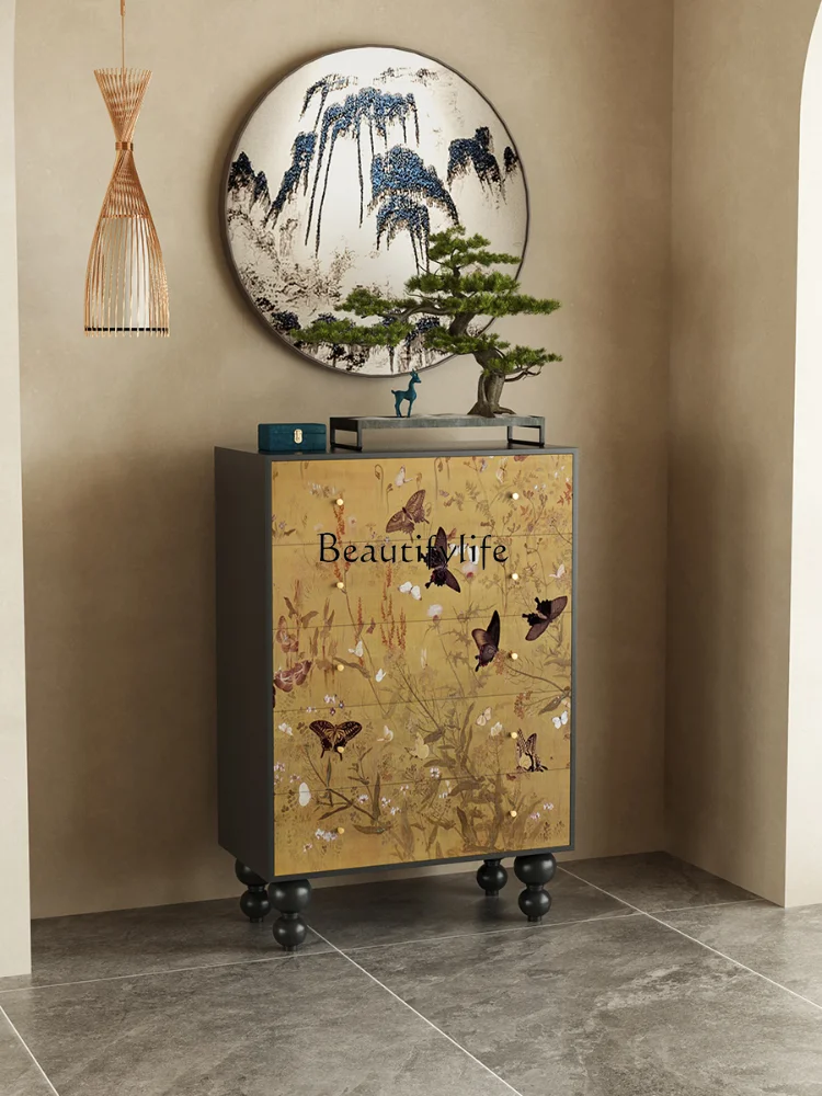 New Chinese Style Oriole-Singing Butterfly-Dancing Solid Wood Chest of Drawers Aisle Hallway Curio Cabinet