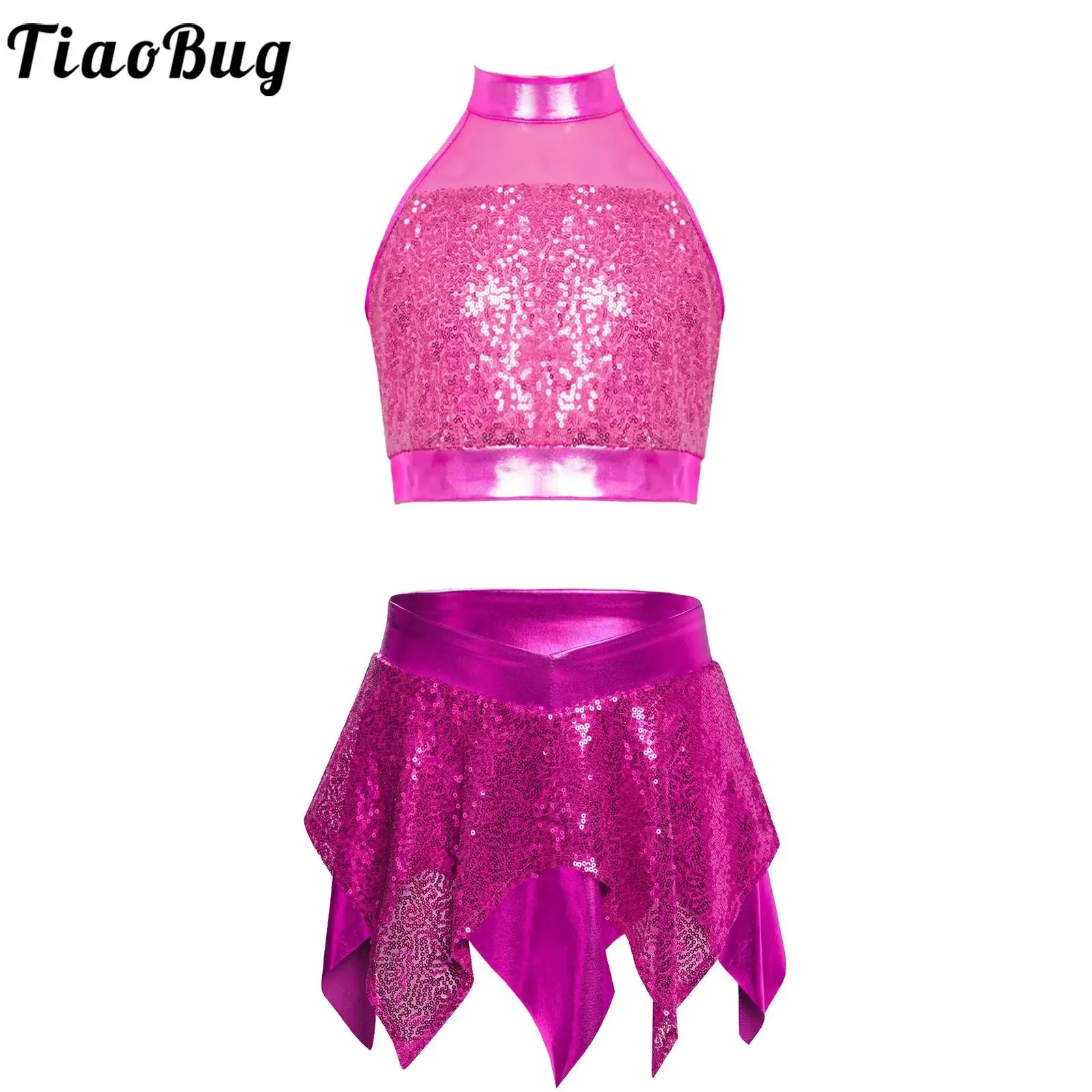 

Детский костюм для джазовых танцев для девочек: топ без рукавов с блестящими пайетками и металлическая юбка для фигурного катания и лирических танцев