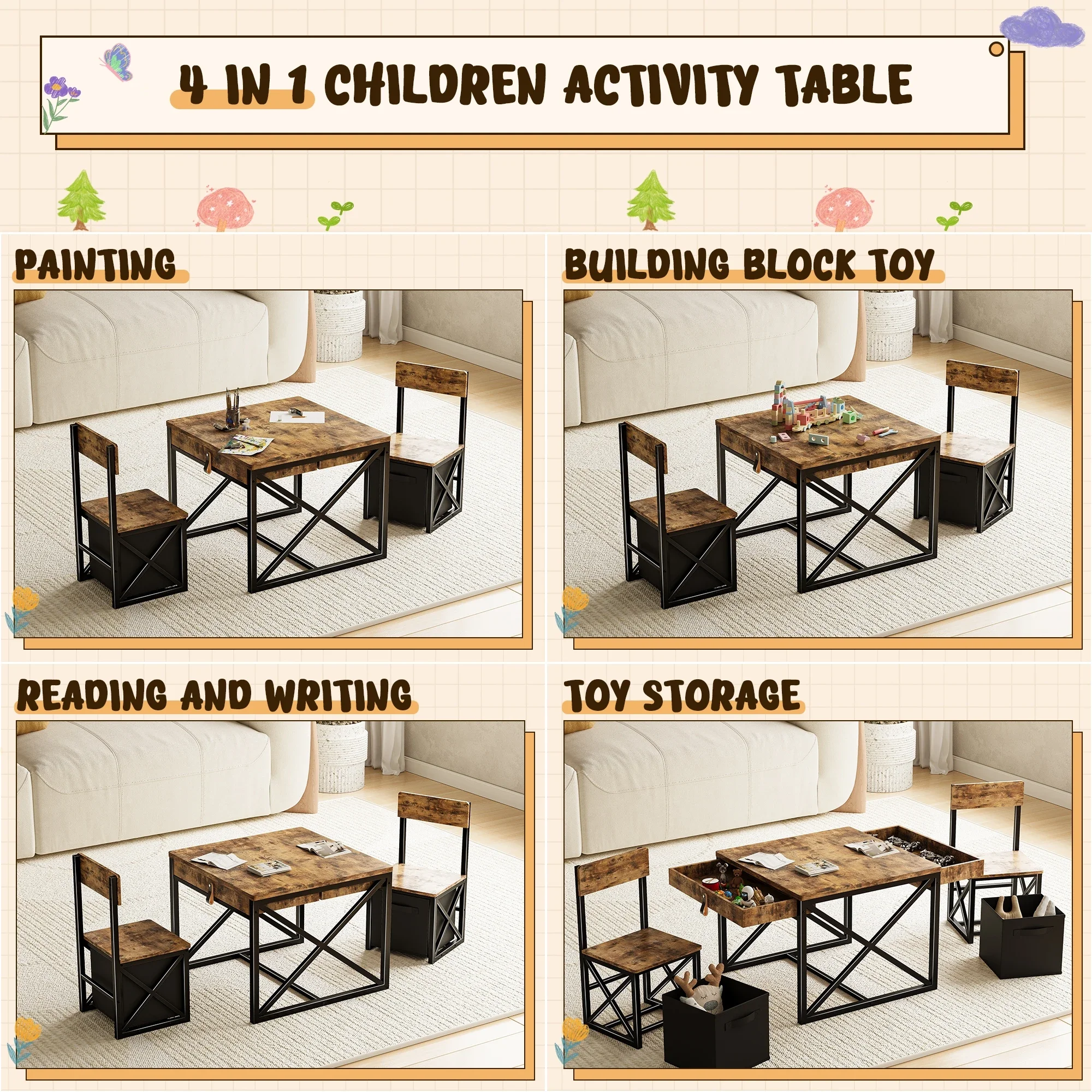 

4-in-1 Kids Table And Chairs Set With Storage Toddler Activity Desk For Crafts Drawing Reading – Ideal Children’s Furniture Home