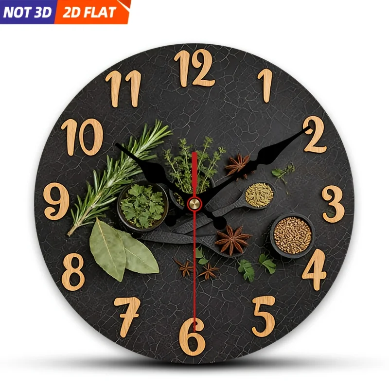 Plano en 2D. 1 pieza. Reloj de pared con temática de especias de cocina, reloj decorativo silencioso, reloj de pared creativo, adecuado para decorar dormitorios, L
