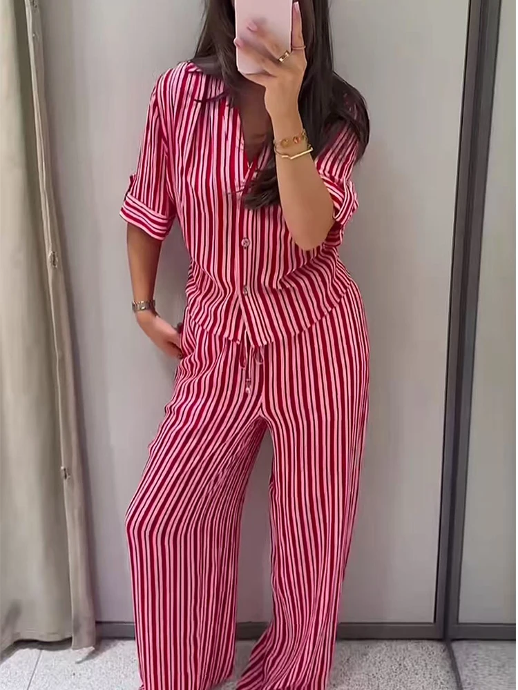 2026 Summer Women Lapel Neck Short Sleeve Shirt Pant Sets Fashion Leisure 2 Pieces Sets Casual Striped Print Fashion Female Suit