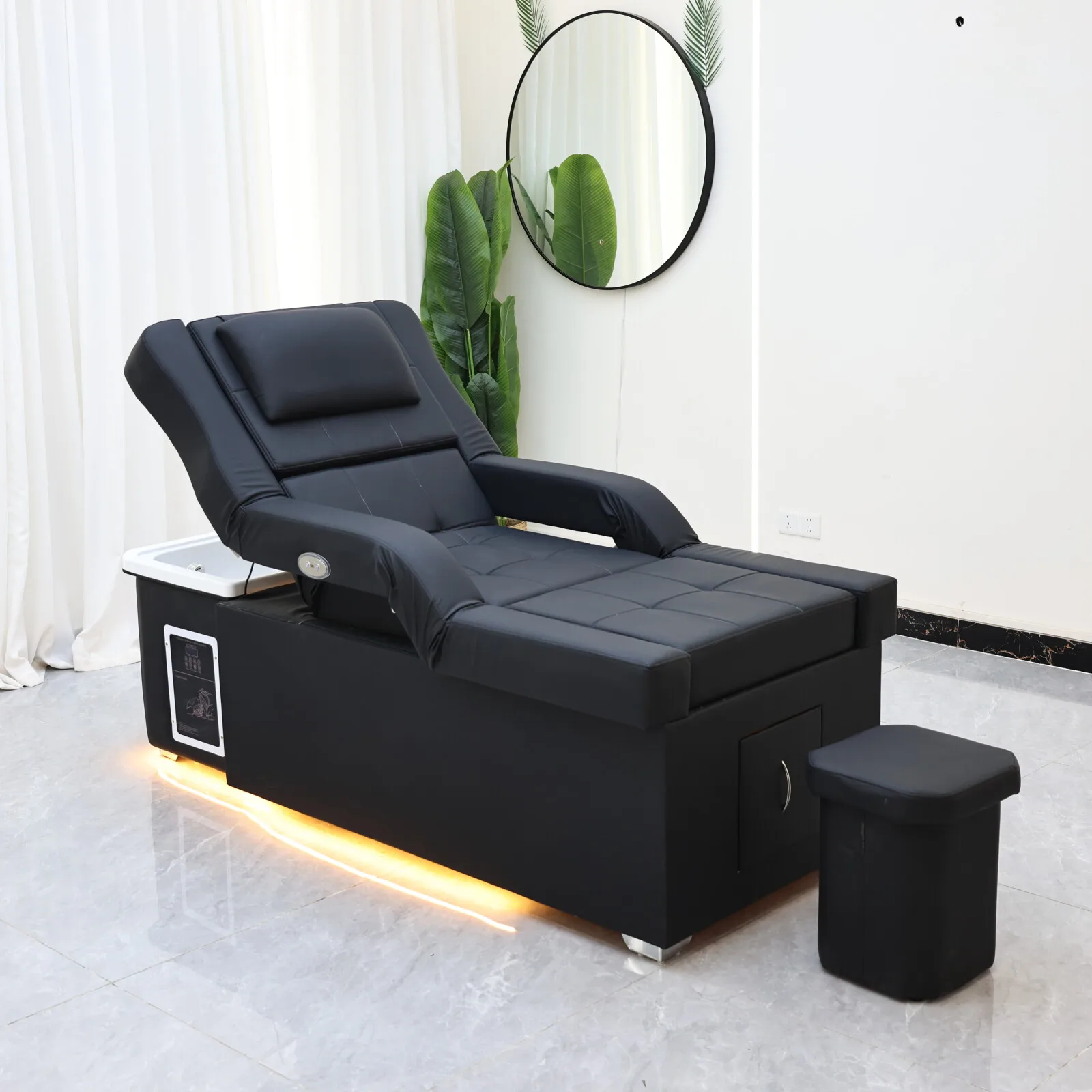 Modern Black Leather Foot Massage Chair, Salon 2-in-1 Shampoo and Foot Bath Station, Electric Foot Massage Chair with LED Lights