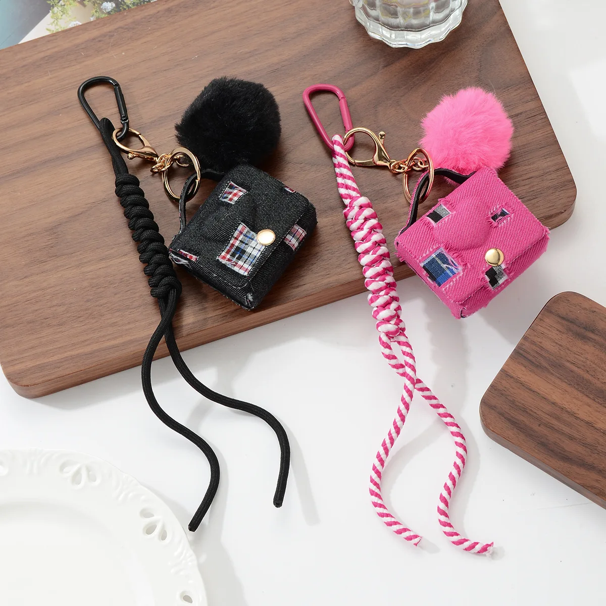 

New Y2k Wasteland Wind Sweet and Cool Fashion Multi-color Hairball Plaid Denim Earphone Bag DIY Keychain Bag Pendant Accessories