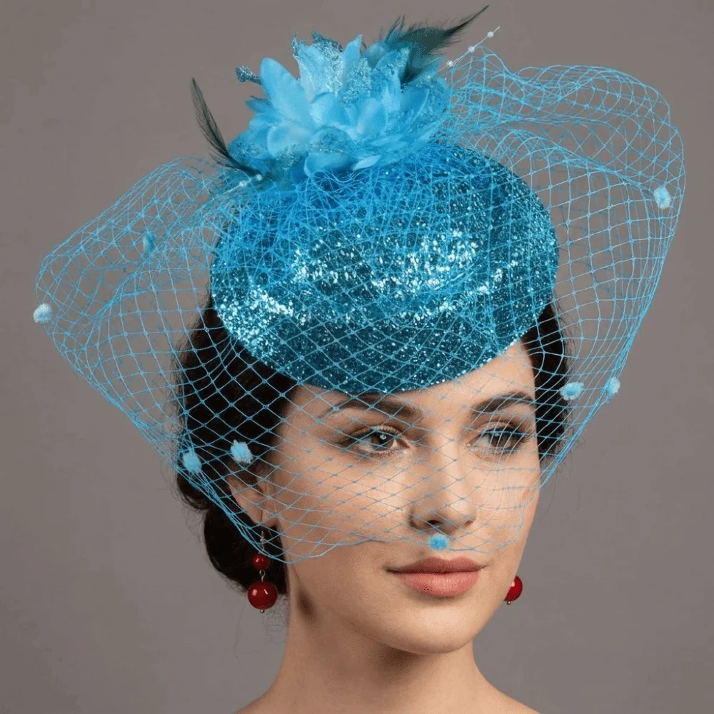 Elegant Solid Color Felt Fascinator Hat Wave Point Mesh Bridal Headdress Feather Flower Handmade Small Top Hat Girl