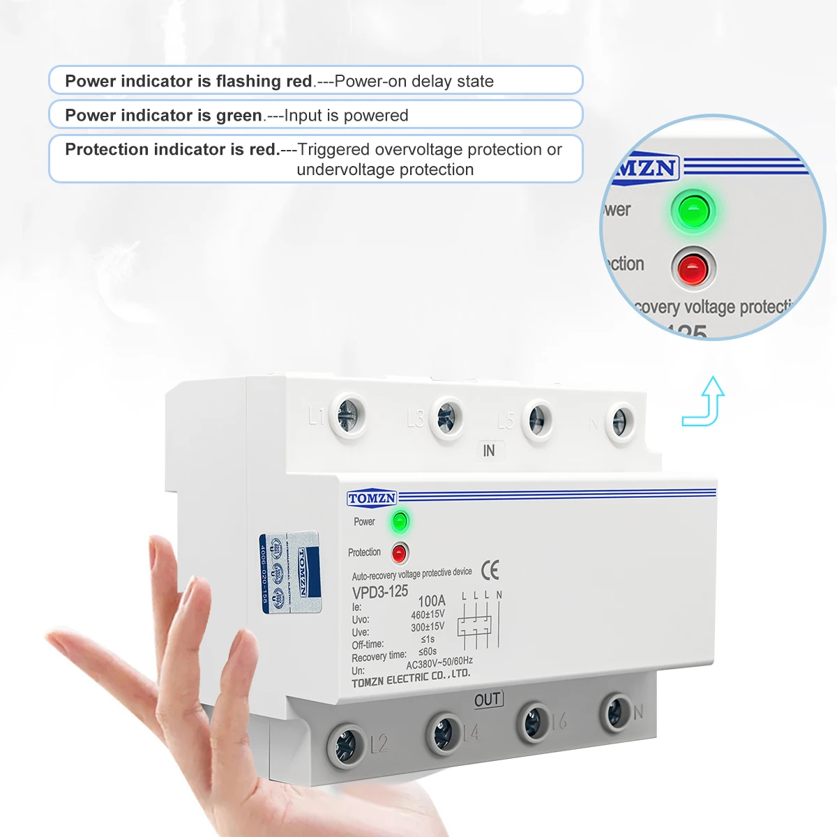 DIN Rail Overvoltage And Under Voltage Protector 400VAC 100A Three-phase Relay Auto-recovery Voltage Protective Device 50Hz 60Hz