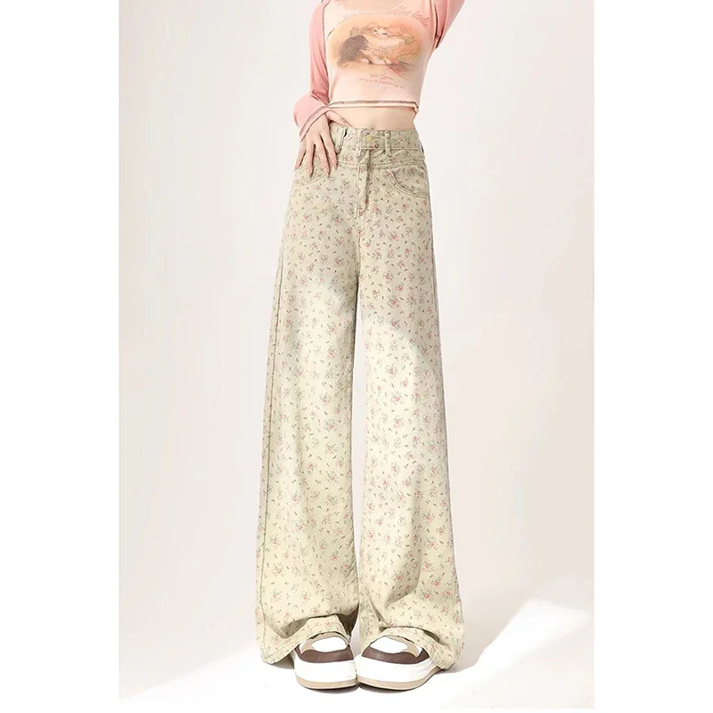 Vintage High Waist Women Apricot Jeans Printing Fashion Streetwear Wide Leg Jean Female Denim Trouser Straight Baggy Denim Pants