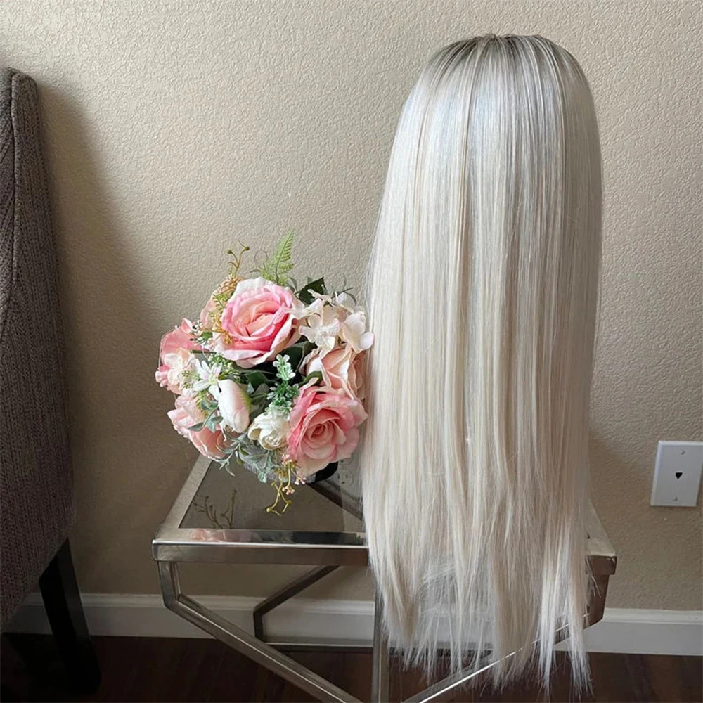 24'' Lace Front Synthetic Wig Platinum Blonde Ombre Straight Wig 10% Human Hair Lace Front Wig Heat Resistant FIber Daily Wear