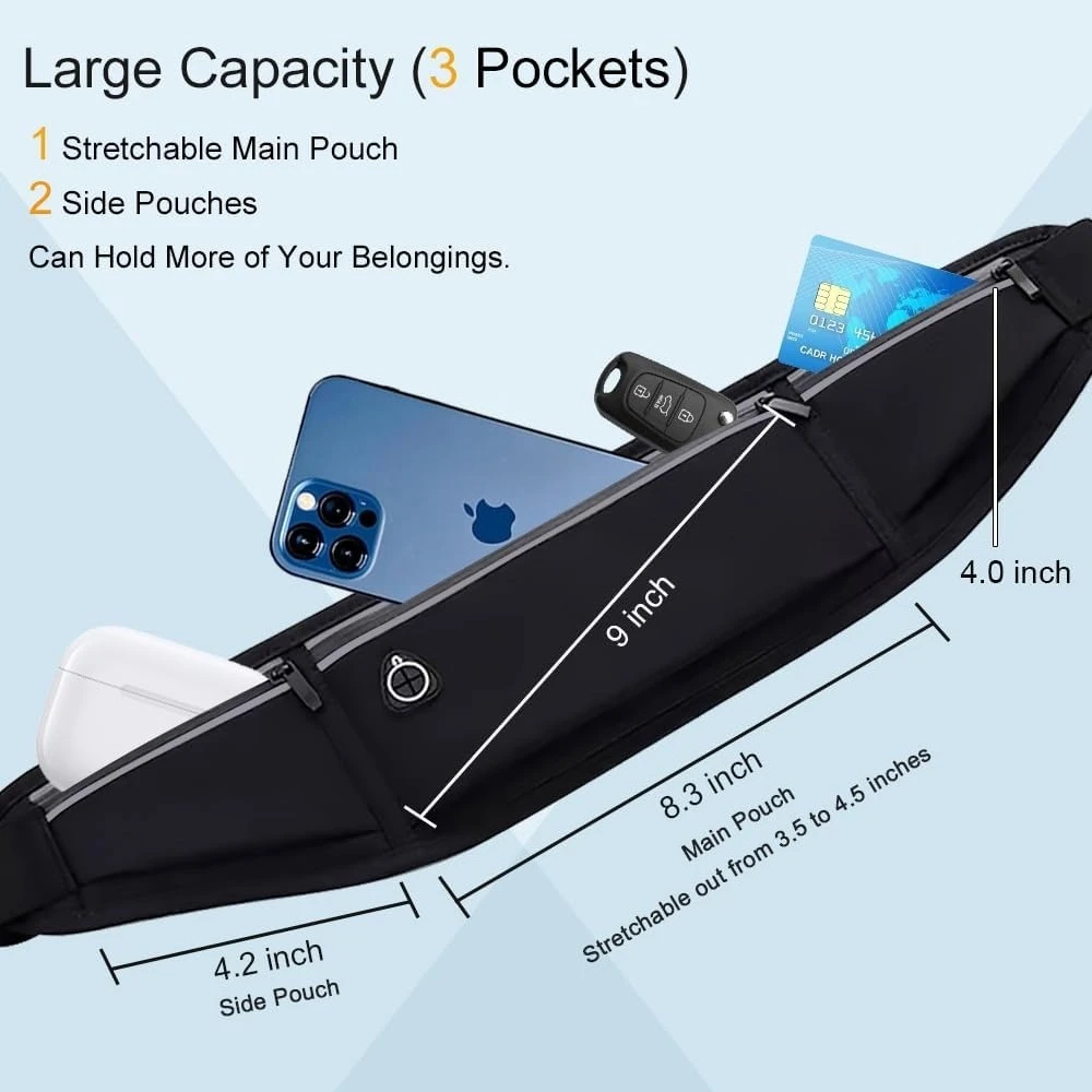 Compact running belt, waterproof backpack for women and men, 3-pocket phone holder suitable for running, walking and cycling