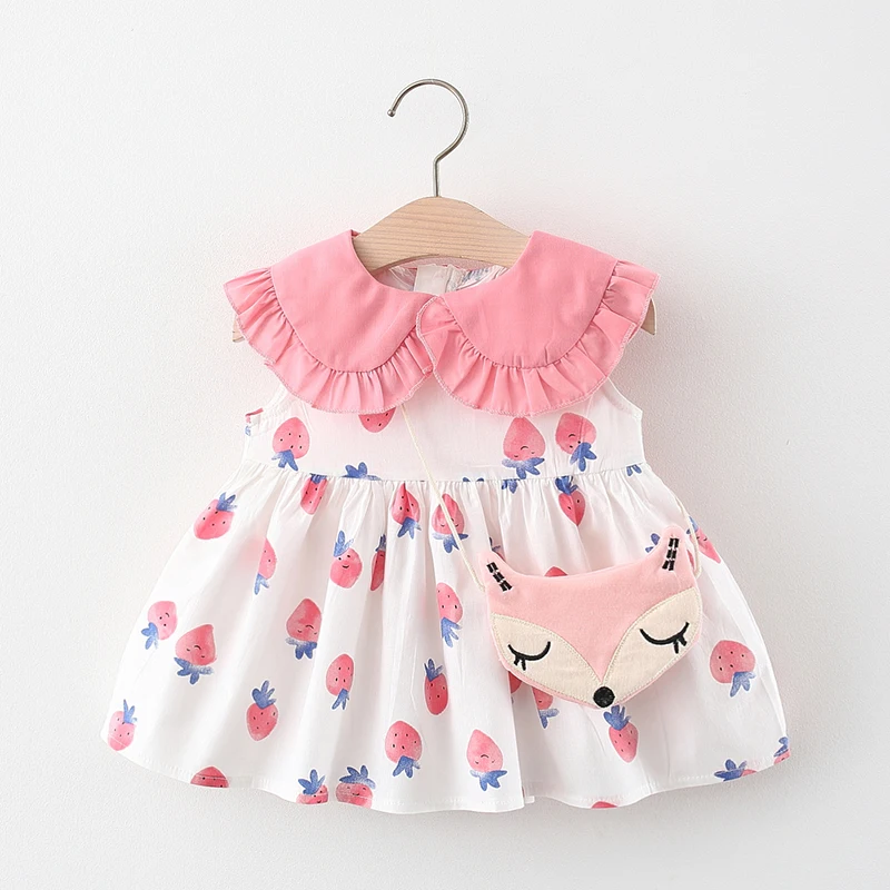 (0-3 Years Old)Baby Clothes For Girls Summer New Cotton Strawberry Print Lace Neck Dress For Kids Girls Princess Dress For Kids