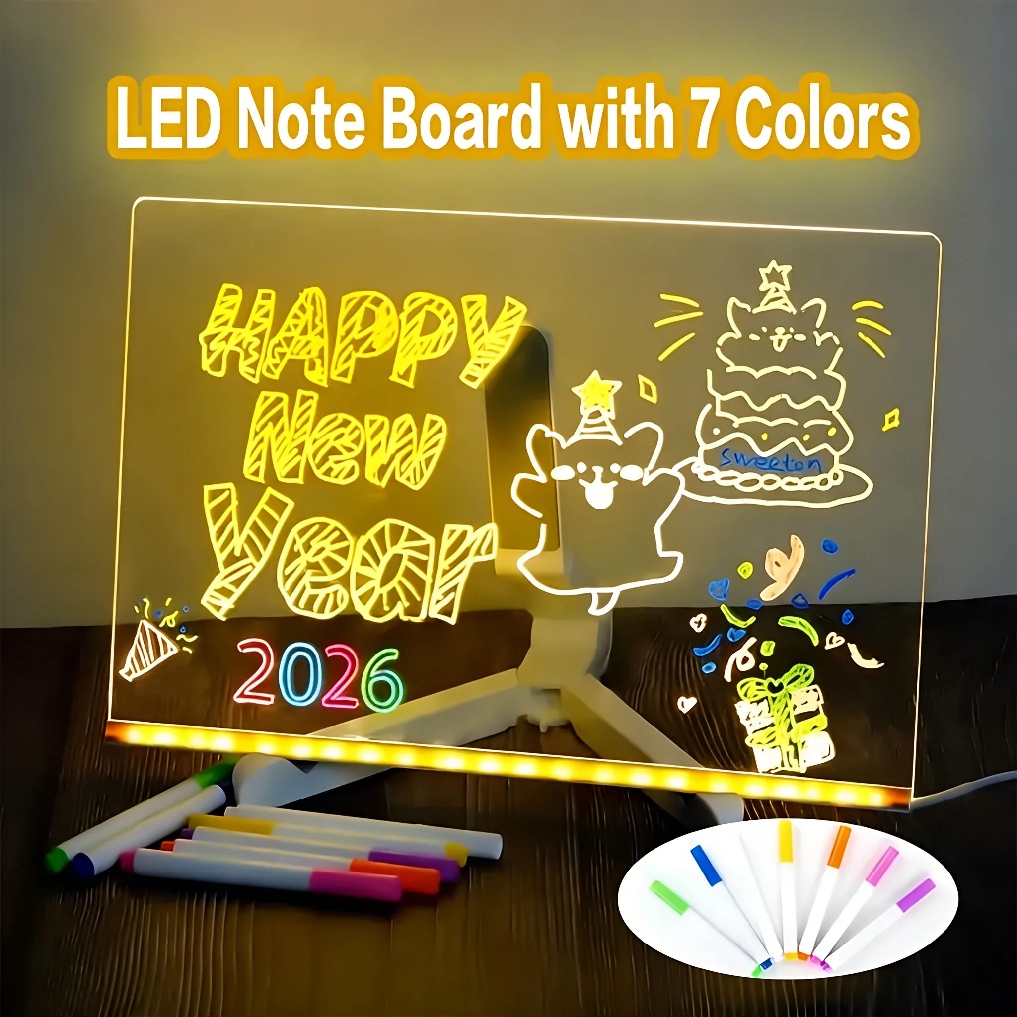 LED Note Board Acrylic Clear Light Up Drawing Board Glow Erasable Memo LED Magic Board Kids DIY Toys with 7 Color Markers Pen
