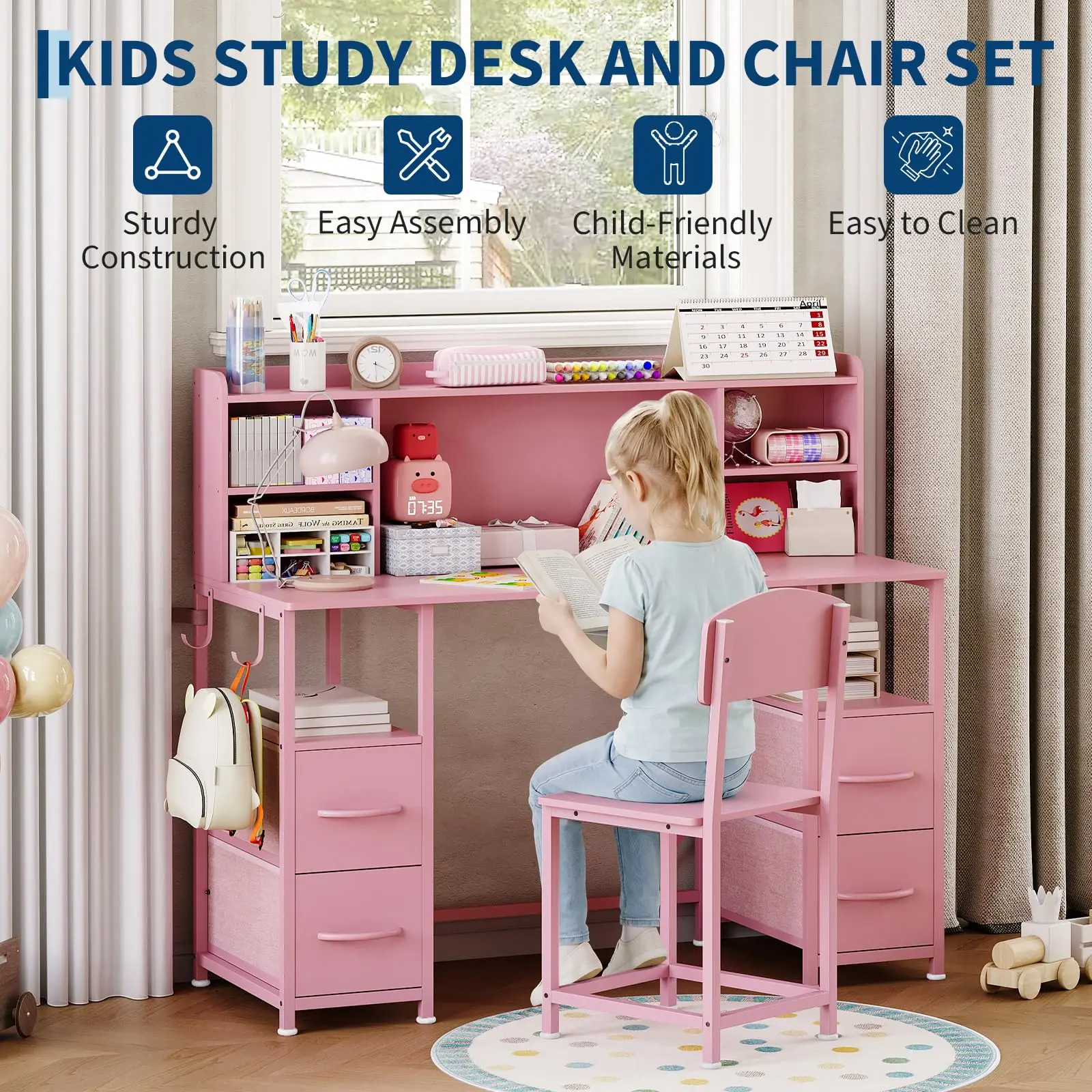 47.2 Inch Kids Desk And Chair Set With Hutch And Storage, Sturdy Metal Frame Kids Study Table For Ages 6 To 12, 4 Fabric Drawers, Detachable Hooks, Ergonomic Chair, Waterproof Top - view 8