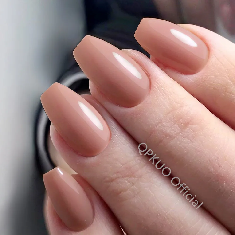 

24Pcs Shiny Nude Artificial Fake Nails With Adhesive Short Ballerina Coffin False Nails Press On Finger Tip Manicure Tool