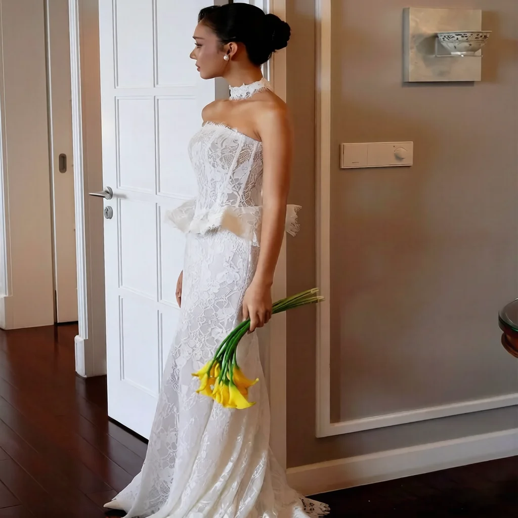 Luxury Full Lace A-line Wedding Dress Sexy Back Corset Sleeveless Customizable Bridal Dress Vestidos De No