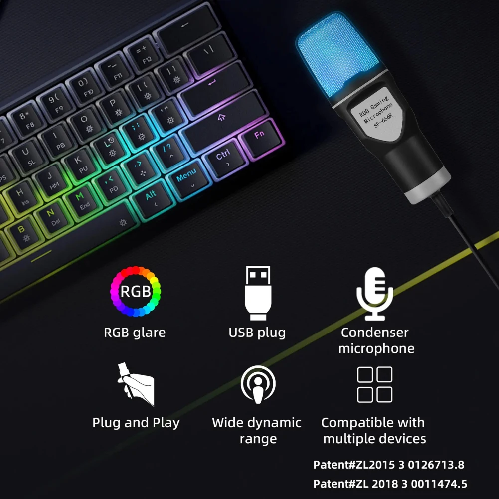 ميكروفون سلكي USB لتقليل الضوضاء مع حامل ، SF666R ، مكثف RGB ، ميكروفون ألعاب ، مقابلة ، تسجيل فيديو ، تسجيل فيديو ، بودكاست