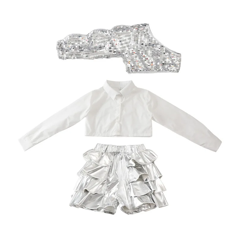 Mädchen Hip Hop Crop Top Pailletten Silber Shorts Kleidung Sets Kinder Jazz Ärmeln Outfits Kind Streetwear Street Dance Bühne Kostüm