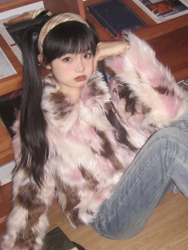 

Винтажная зимняя женская одежда Y2k, японские утолщенные теплые топы Mujer, модный милый свободный кардиган, пальто с принтом тай-дай, искусственный мех