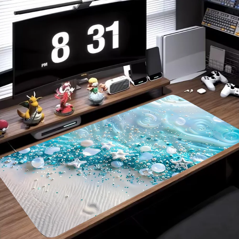แผ่นรองเมาส์ขนาดใหญ่ ลายเปลือกหอยสีน้ำเงิน แผ่นรองโต๊ะพร้อมขอบเย็บ แผ่นรองเมาส์กันลื่นขนาด XL ฐานยาง แผ่นรองโต๊ะสำหรับสำนักงานและบ้าน