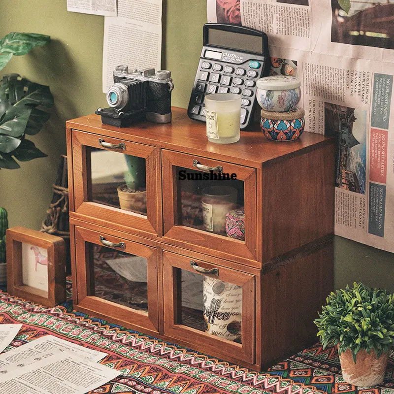 

Vintage Wooden Storage Cabinet Elegant Handcrafted Display Case for Makeup Brush Holder Vanity Organizer Retro Desktop Organizer