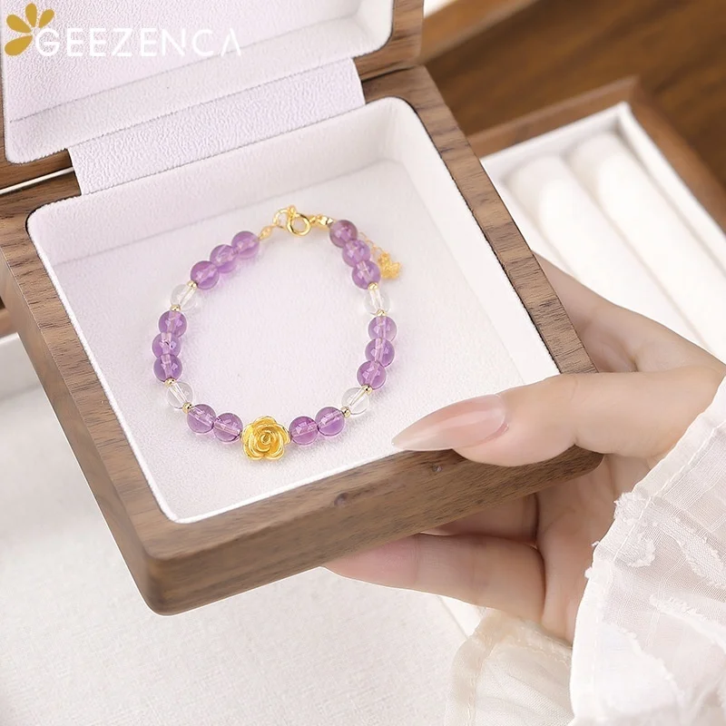 GEEZENCA Natural Amethyst White Crystal Bead 925 Silver Rose Flower Strand Bracelet For Women Trendy Dainty Bracelets Party Gift