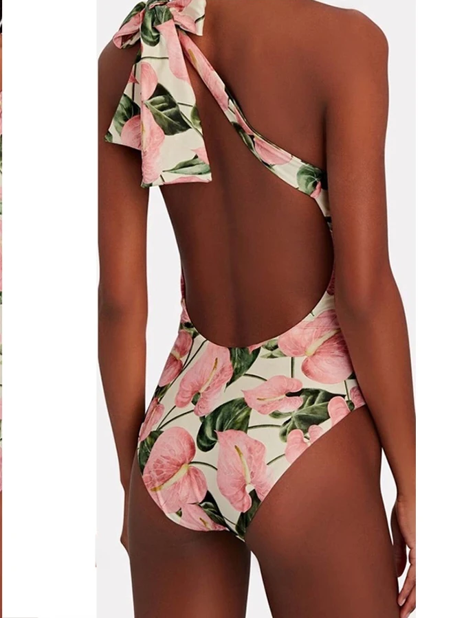 One Shoulder Beach Outfits 2023 Fashion Women Swimwear and Cover Up Dress Summer Flower Print Bathing Swimsuit Sexy / New