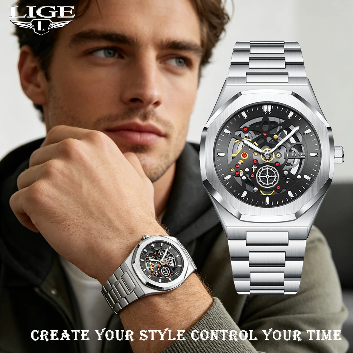 

LIGE Fashion Silver Mens Watches Top Brand Luxury Automatic Mechanical Stainless Steel Fashion Business Skeleton Wristwatch Box