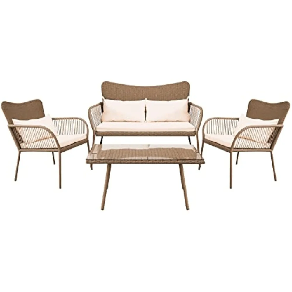 

4 Piece Conversation/Chat Set, Outdoor Living Rattan Furniture, Includes 1 Double & 2 Single Chairs with Cushion