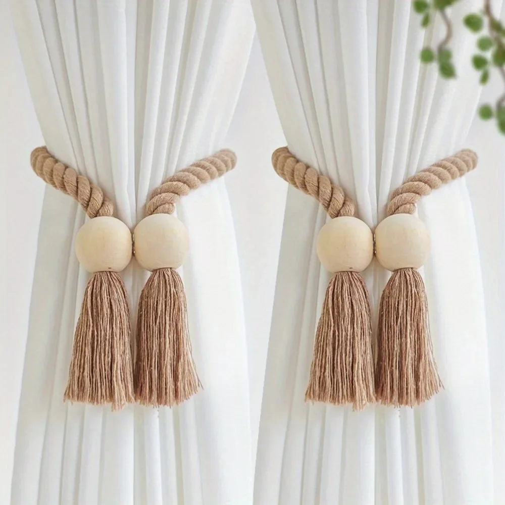 2 Pcs Magnetic Curtain Ties - Simple Wooden Fringe Curtain Clasp for Easy Curtain Management