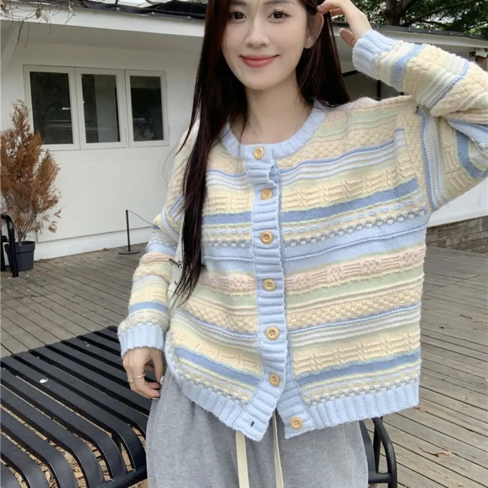 

Autumn Long Sleeve Stripe Crochet Sweaters Autumn Spring Korean Sweet Knitwear Ladies Top Loose Cardigans Women Y2K Streetwear