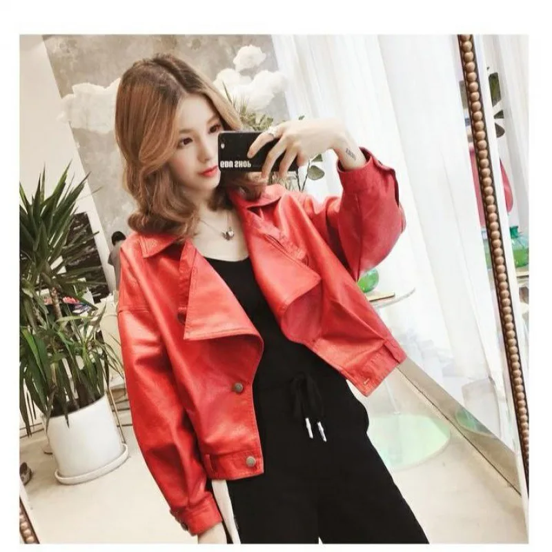 New Spring and Autumn Women's Casual Loose PU Leather Motorcycle  Jacket Fashion BF coat