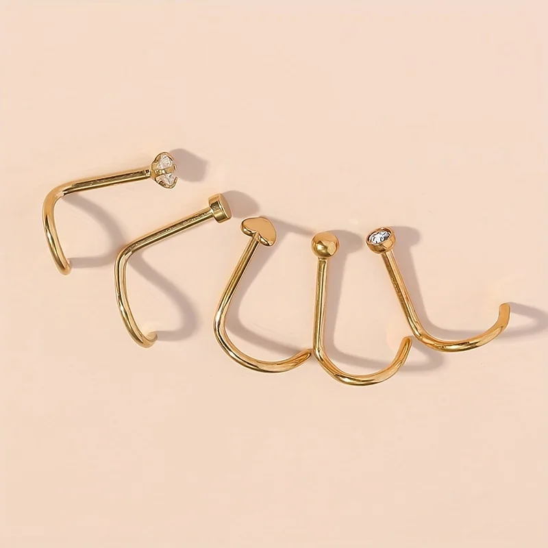 1pcs Stainless Steel Nose Nails Round Cubic Zirconia Nose Studs Piercing Jewelry Bend Rod Earrings Heart-Shaped