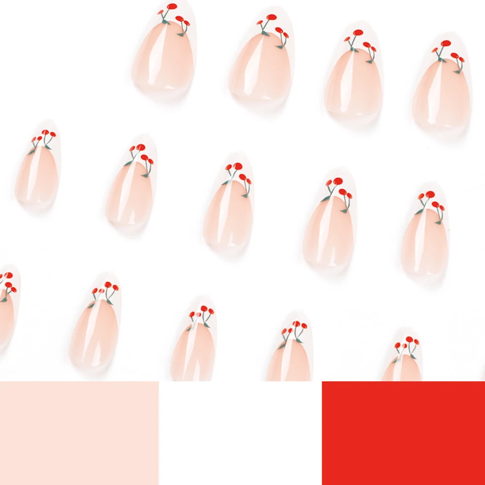 Unghie finte alla ciliegia lucida French White Edge Nail Art adesivo per unghie a copertura totale in stile francese