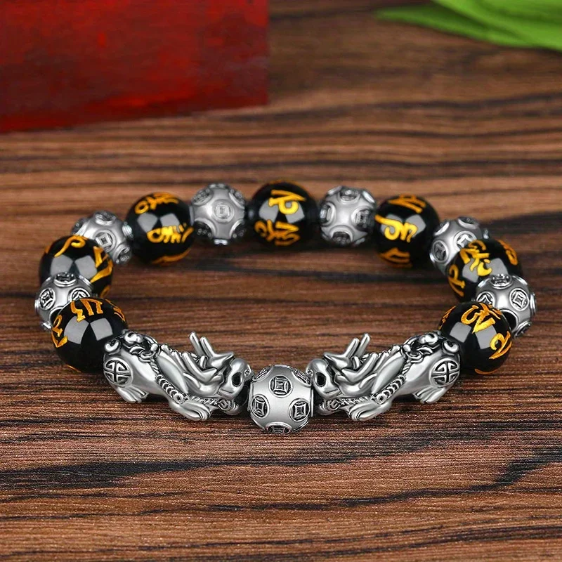 Fengshui-pulsera de cuentas de piedra de obsidiana Natural Pixiu para hombre y mujer, brazalete de Buda de buena suerte, joyería Unisex