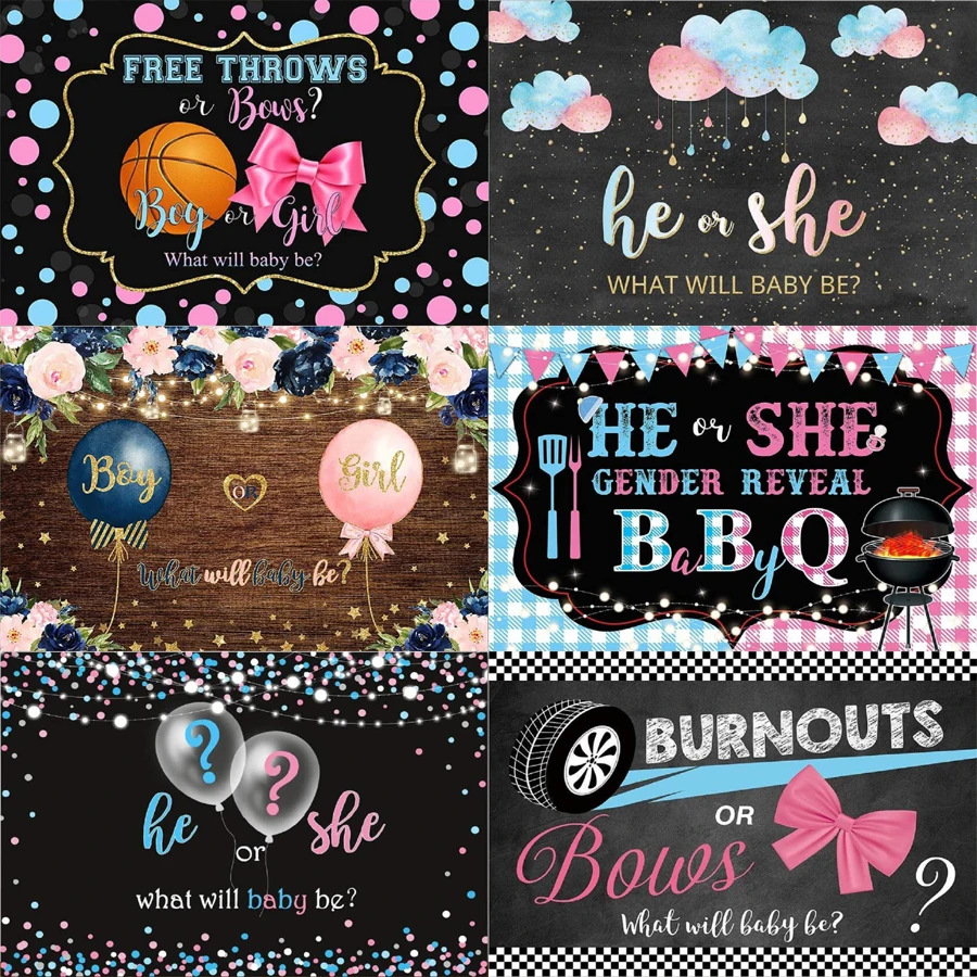 He Or She Gender Reveal Photography Backdrop Blue Or Pink Balloon Background Blue Pink Dots Light Strip Baby Shower Party Decor