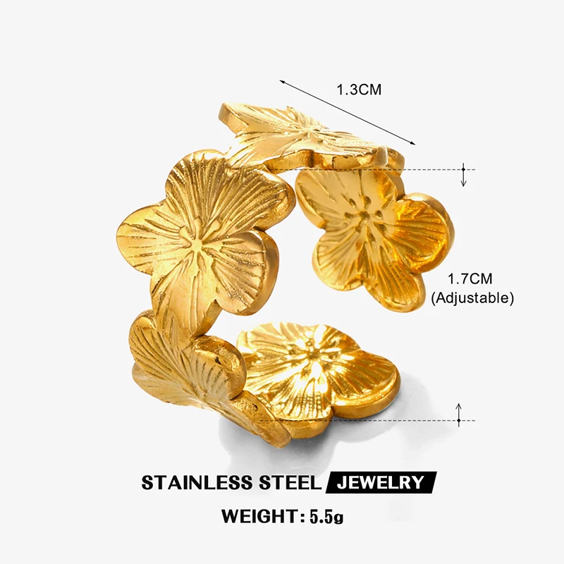 Women's 18K Gold PVD Plated Flower Adjustable Opening Ring