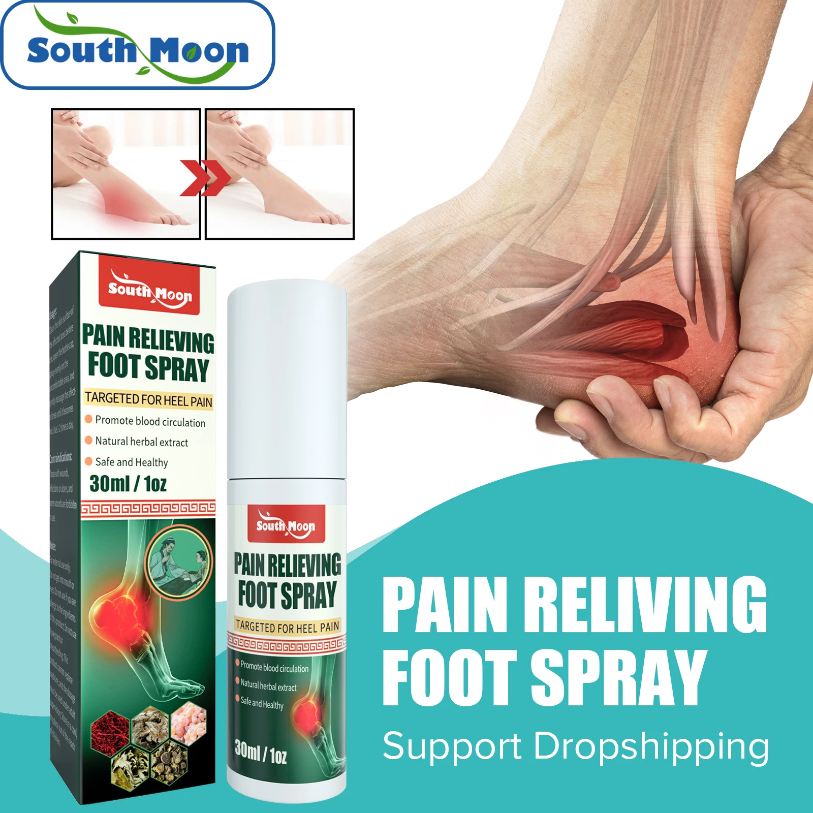 South Moon Heel Pain Spray Rapid Relief Feet Calcaneal Bone Tendonitis Fasciitis Achilles Counterpain Relief Heel Spur Treatment