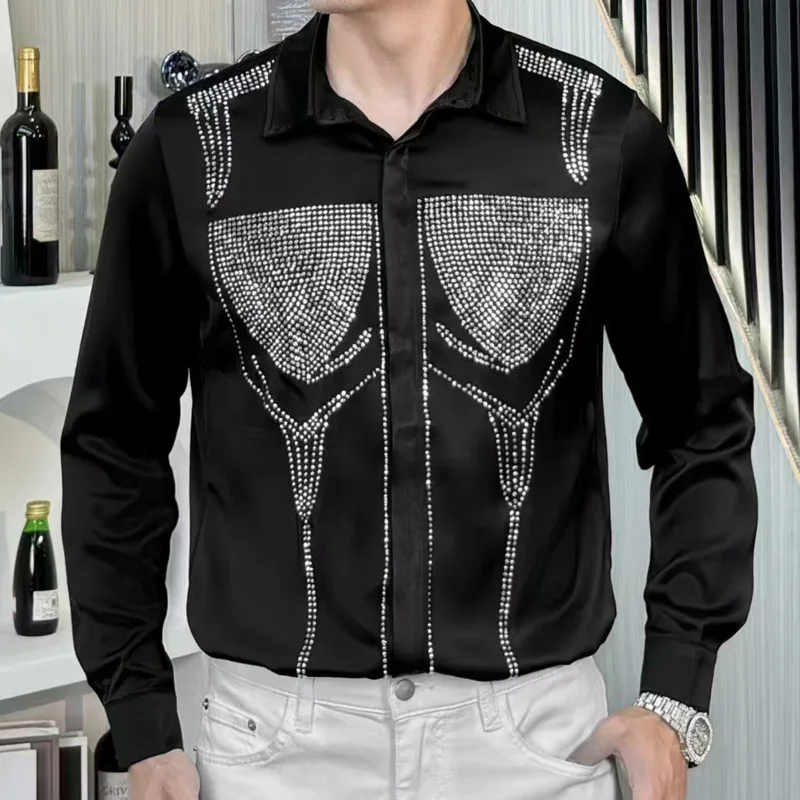 

Streetwear Black White Shirt Social Club Party Business Formal Dress Shirt Men Luxury Rhinestones Shirt Men Camisa Hombre Shirt