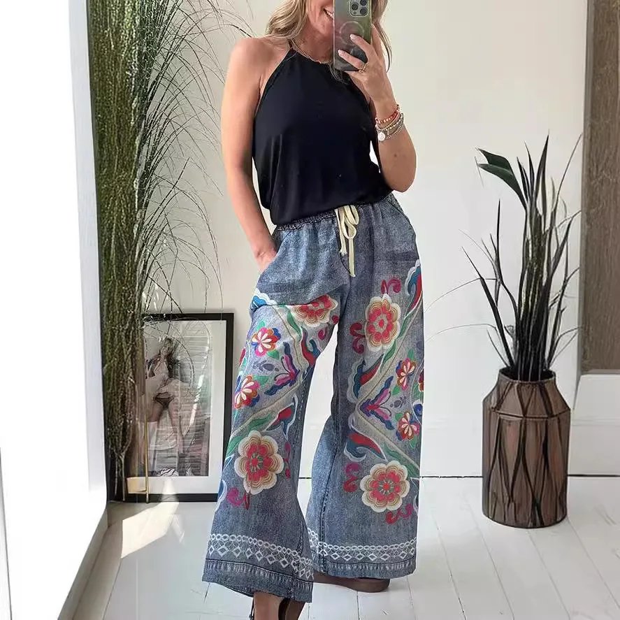 

Autumn American Retro Imitation Denim Pants Elegant Fashion Loose High Waist Women's Clothing Fashion Pockets Print Pants 2024