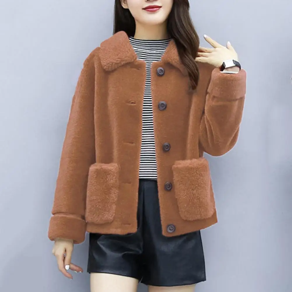 Feminine Women Jacket Plush Solid Color Women's Coat with Turn-down Collar Pockets Soft Cozy Single-breasted Cardigan for Fall