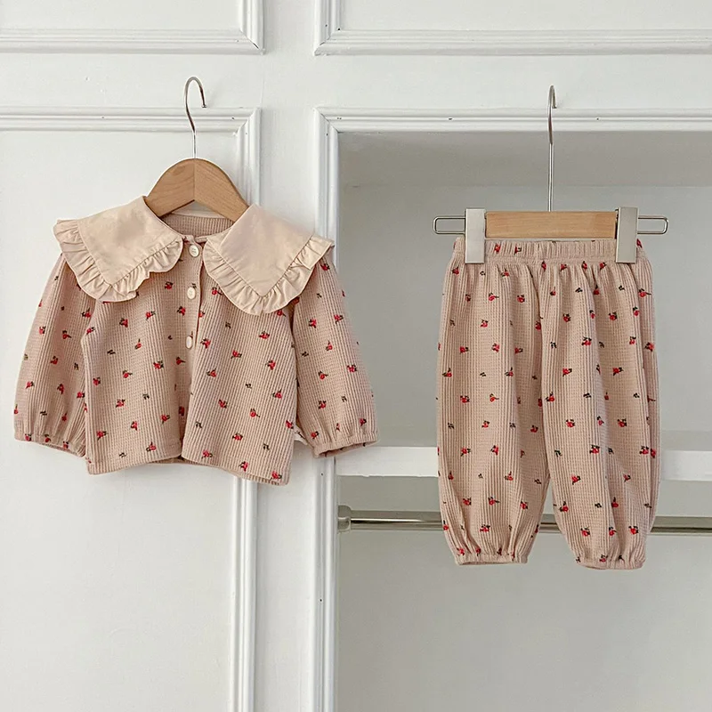 Ensemble de vêtements en coton gaufré pour bébés filles, cardigan et pantalon College, vêtements pour tout-petits, manches longues, nouveau,