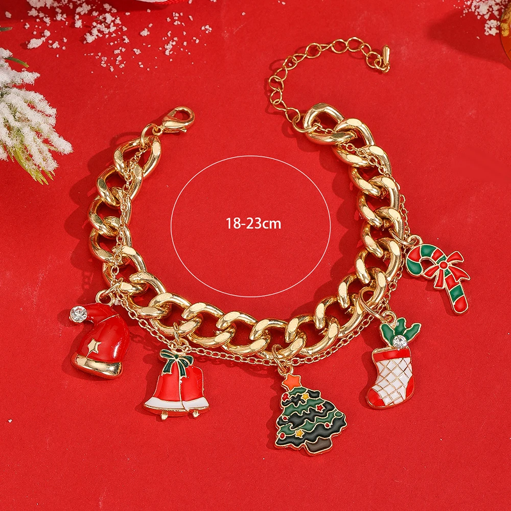 Chic Candy Canes Bell Red Stockings Santa's Hat Christmas Tree Charm Bracelet For Women Gold Color Chian New Year Gift