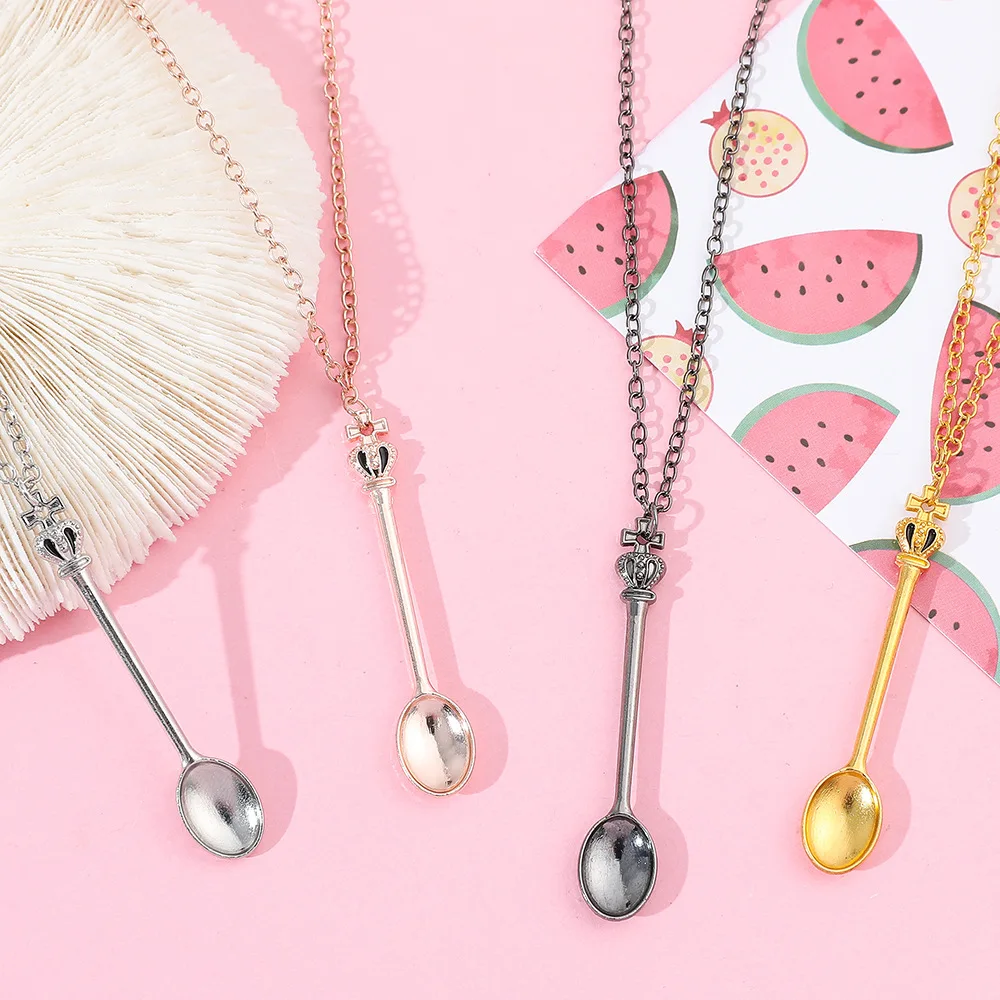 Cute Crown Cross Mini Spoon Necklace Simple Creative Fashion Teaspoon Pendant Jewelry Accessory for Men And Women