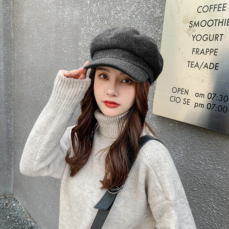 Topi baret wol Retro wanita, untuk musim gugur gaya Korea warna Solid klasik