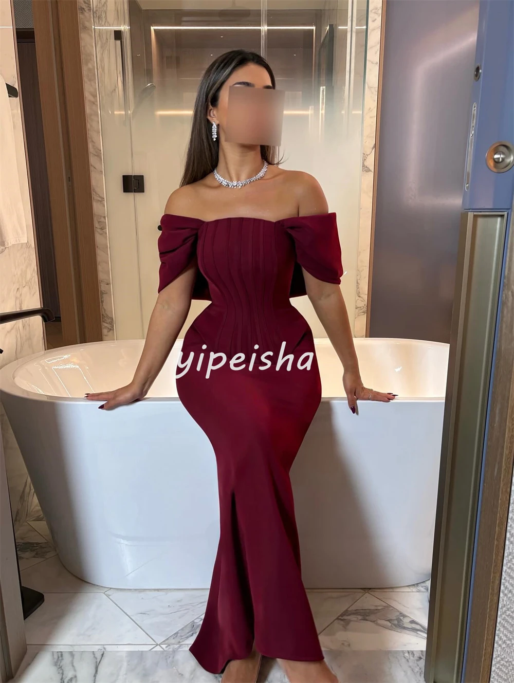 Customized Simple Formal Jersey Pleat Ruched Mermaid Off-the-shoulder Long Dresses Bespoke Occasion Dresses Elegant Matching