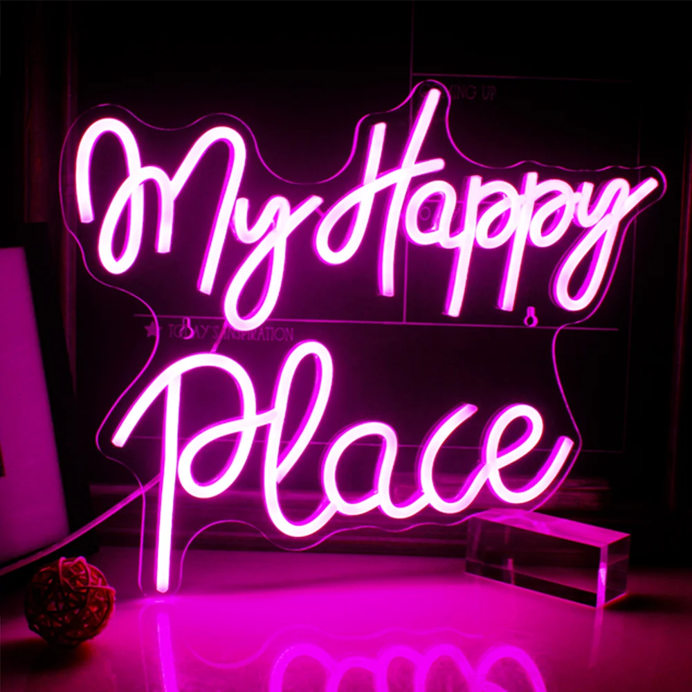 My Happy Place Neon Sign LED Lights, USB Wall Lamp, Letter Aesthetic Room Decoration, Bedroom, Wedding, Birthday Party, Festival