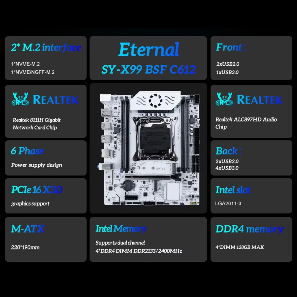 طقم اللوحة الأم SOYO X99 C612 مع وحدة المعالجة المركزية E5 2650 V4 وDDR4 8GBx2 2133MHz RAM M.2 NVME PCIE3.0x16 SATA3.0 للكمبيوتر المكتبي
