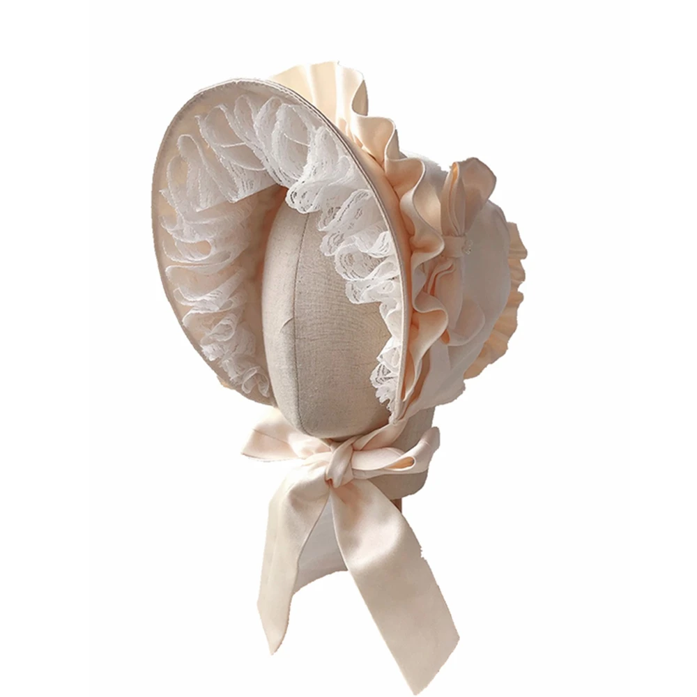 Victorian Bonnet Hat Vintage Maid Cosplay Pumpkin Cap Lace-up Adjustable Hat Women Girls Lolita Lace Ruffled Hat