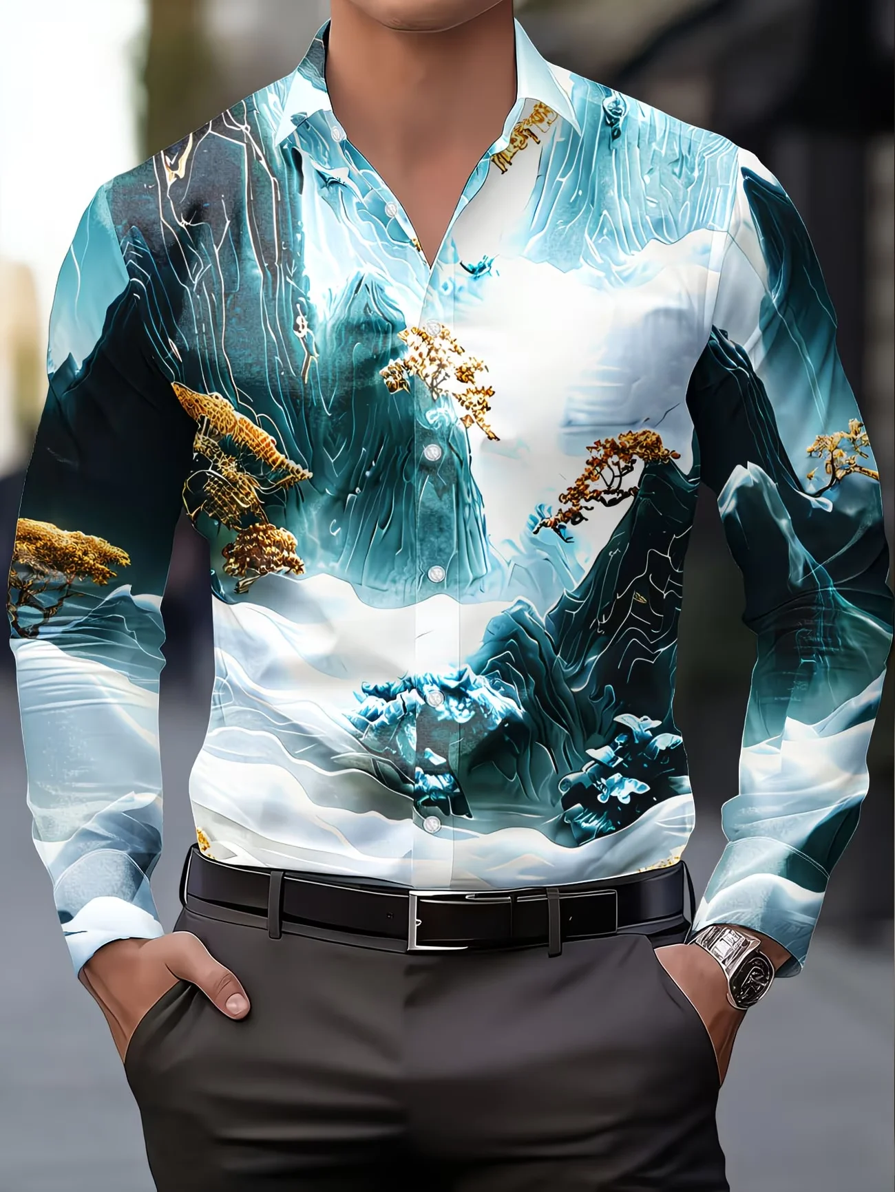 New Jungle Black Panther 3D Printed Pattern Men's Long Sleeve Shirt Flip Collar Trendy Cool Shirt Clothing