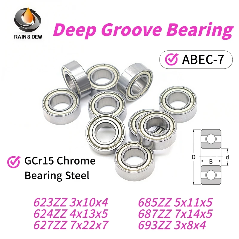 693ZZ 623ZZ 624ZZ 685ZZ 687ZZ 627ZZ Miniature Ball Bearing Set 6 Sizes Double Shielded Pre-lubricated for 3D Printer CNC