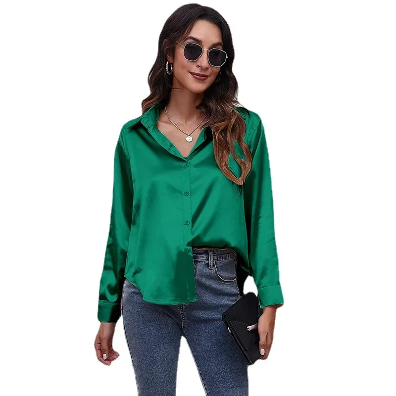 

Fashion New Satin Imitation Silk Long Sleeved Shirt Solid Color Women Clothing Women Vintage Long Sleeve Lapel Pocket Shirt M224